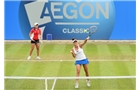BIRMINGHAM, ENGLAND - JUNE 15:  Ashleigh Barty (L) and Casey Dellacqua of Australia in action during the Doubles Final during Day Seven of the Aegon Classic at Edgbaston Priory Club on June 15, 2014 in Birmingham, England.  (Photo by Tom Dulat/Getty Images)